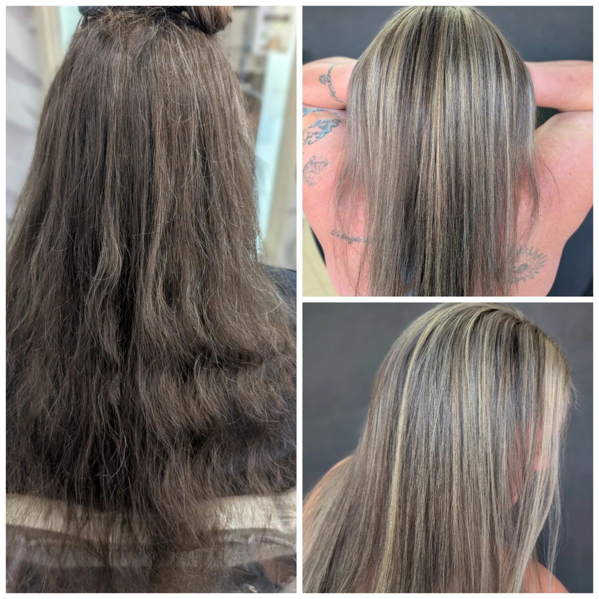 Before and after: long brunette hair showing gray regrowth, then straight hair with fine blonde highlights