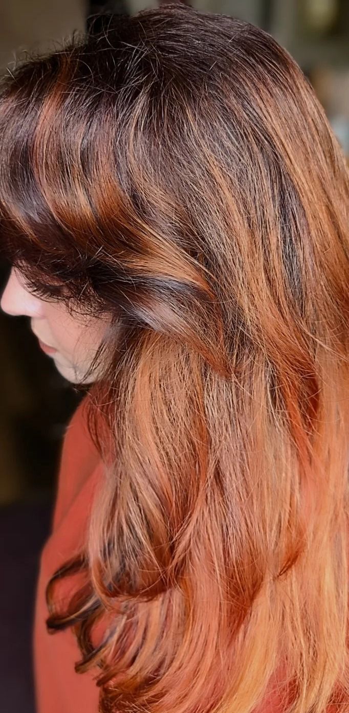 Real client with warm copper balayage, colored by Vanessa