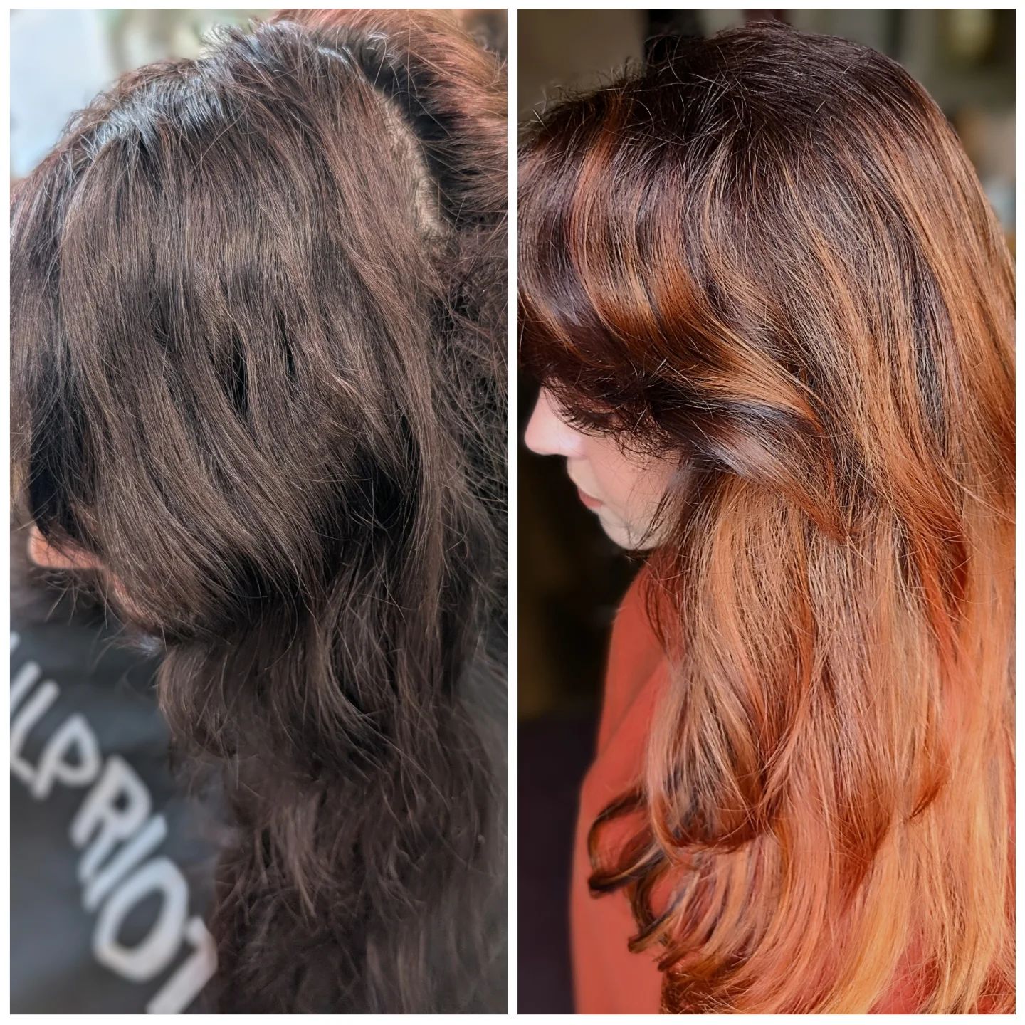 Before and after: dark brunette hair, then copper balayage