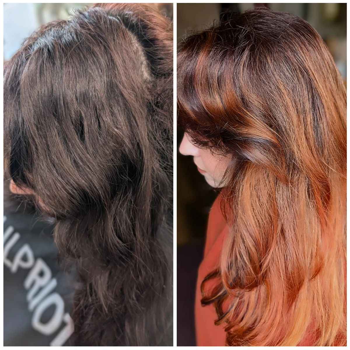 Before and after: dark brunette hair, then copper balayage