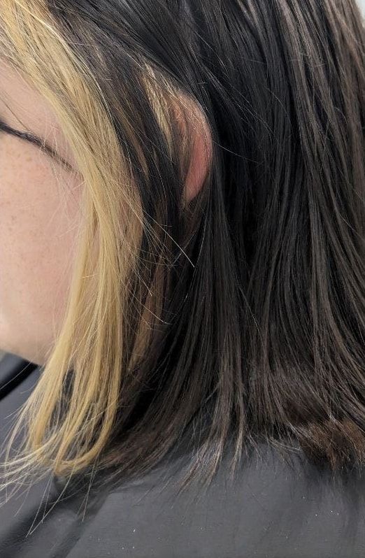 Before: shoulder-length dark brown hair, side view, with a heavy golden blonde section at the front