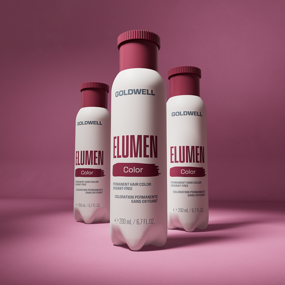 Goldwell Elumen product photo: a group of direct-dye bottles set against rich pink