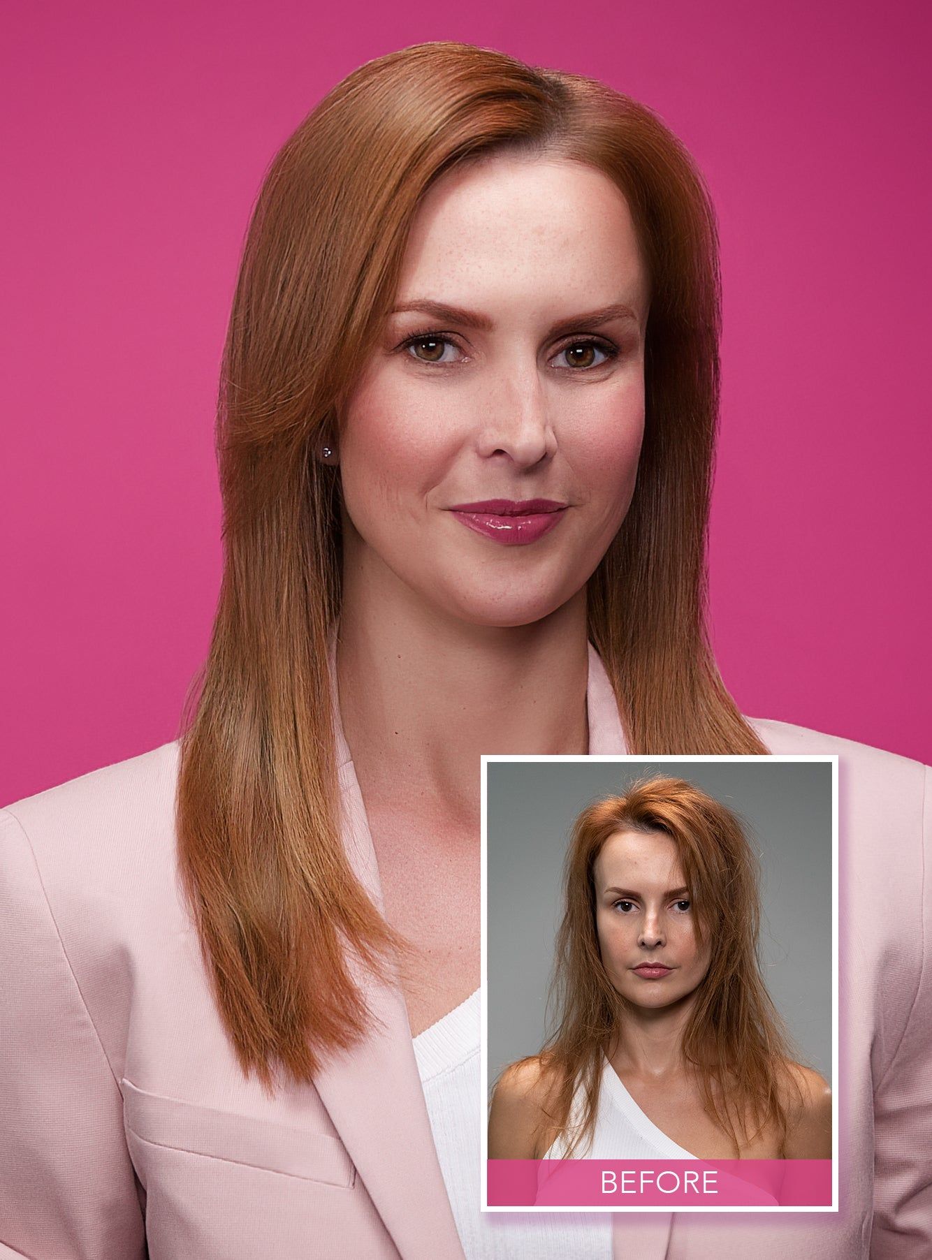 Keratin Complex brand photo of a model with sleek, shiny red hair