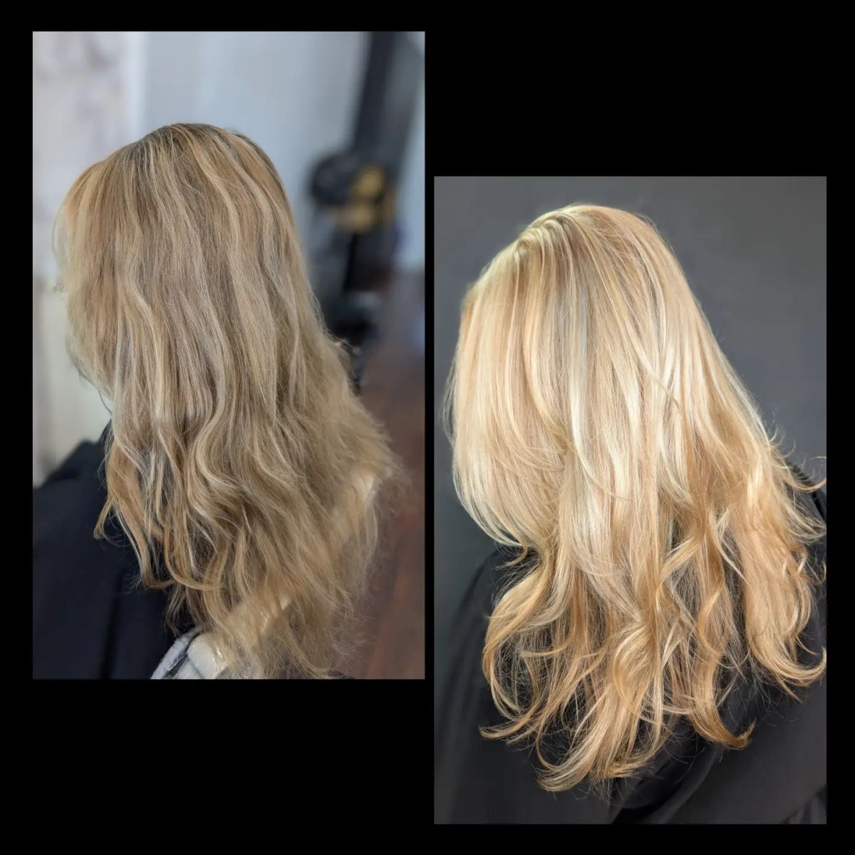 Before and after: dull, grown-out blonde, then bright golden blonde