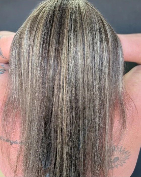 Back view of straight brunette hair where fine blonde highlights soften scattered gray at the crown and through the lengths