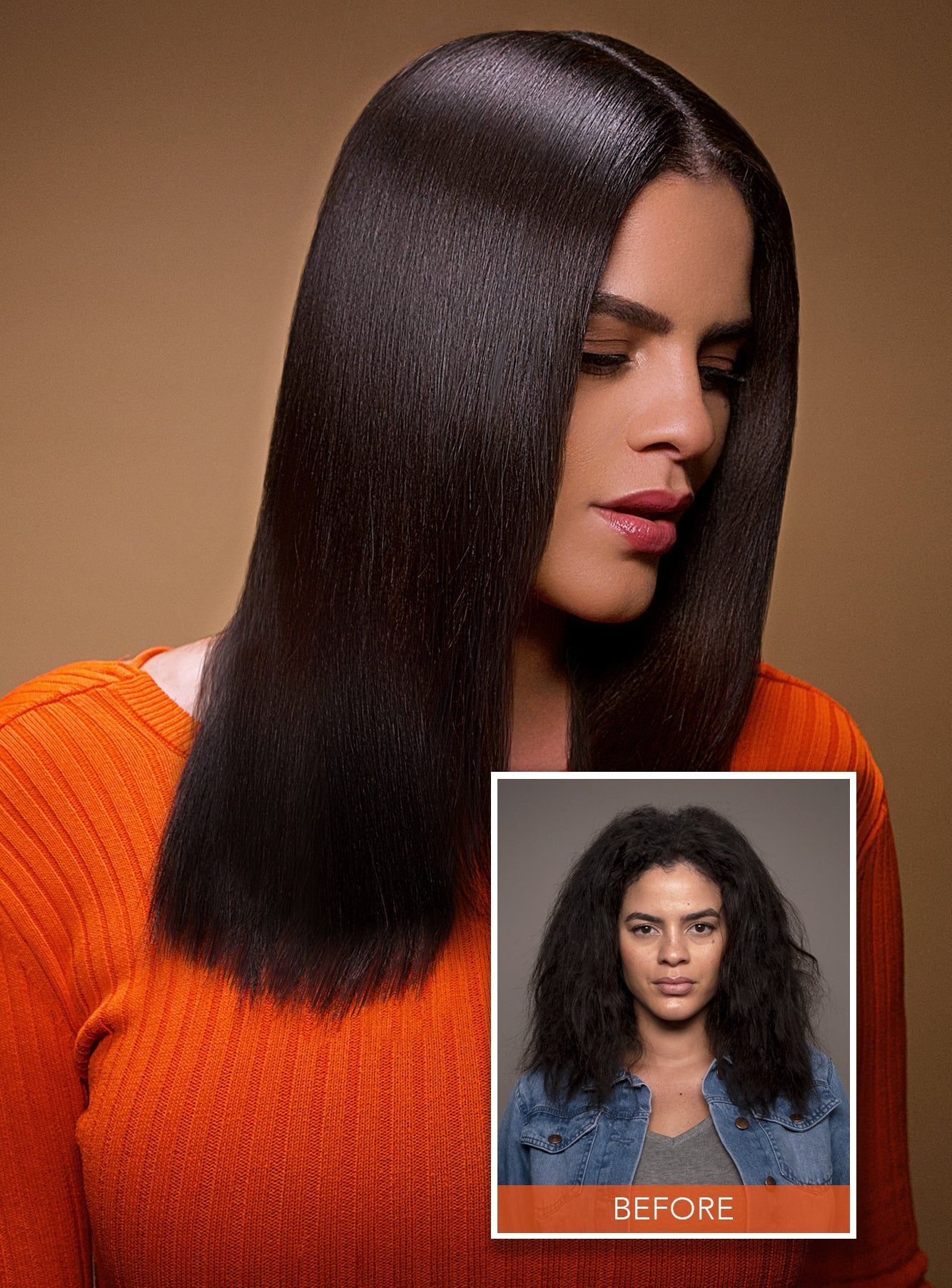 Keratin Complex KCMAX brand photo: a woman in an orange sweater looking down, her dark hair sleek and straight, with an inset of her curls before