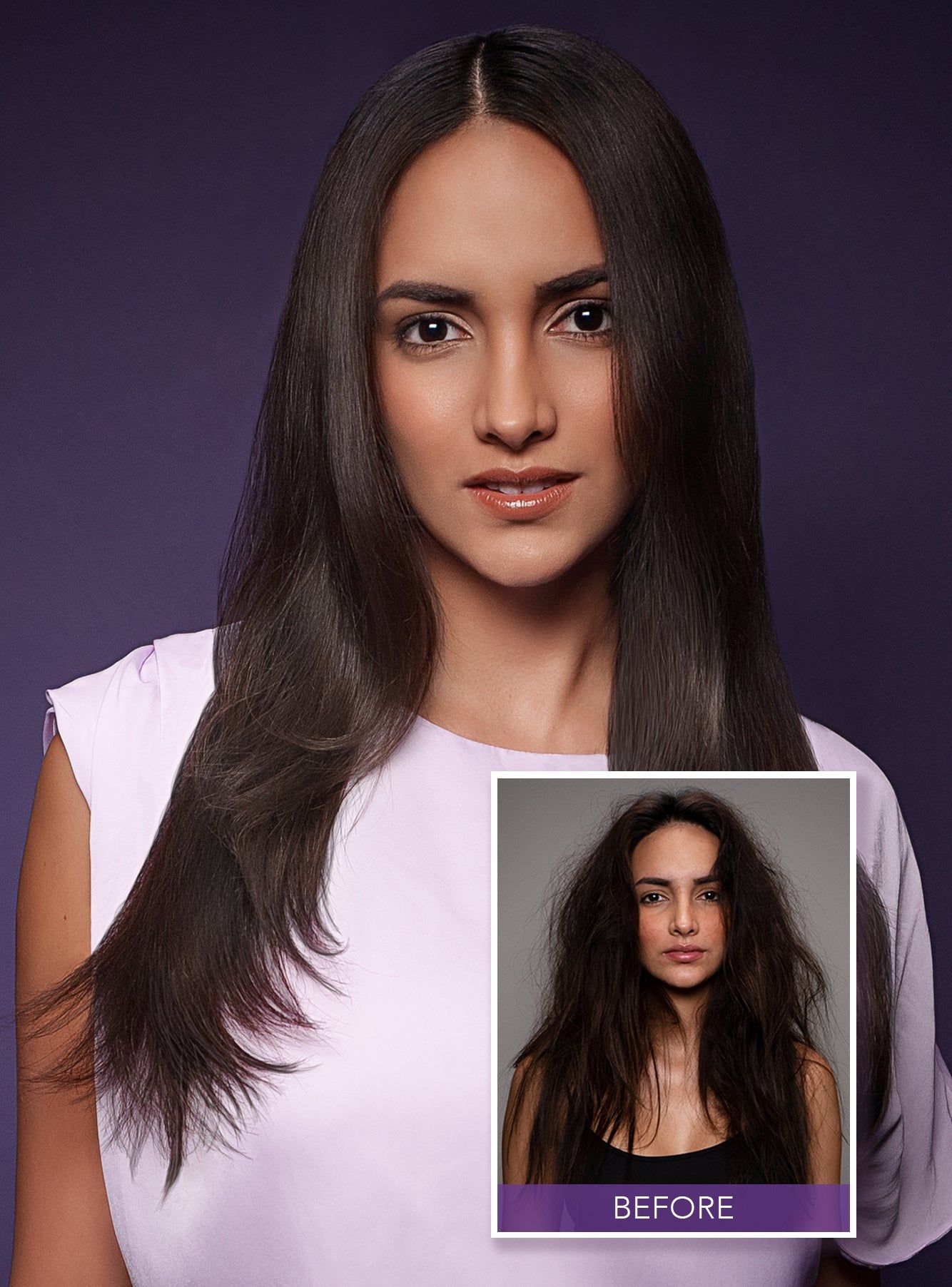 Keratin Complex KCSMOOTH brand photo: a woman with long, straight, shiny deep brown hair against dark purple, with an inset of her frizz before