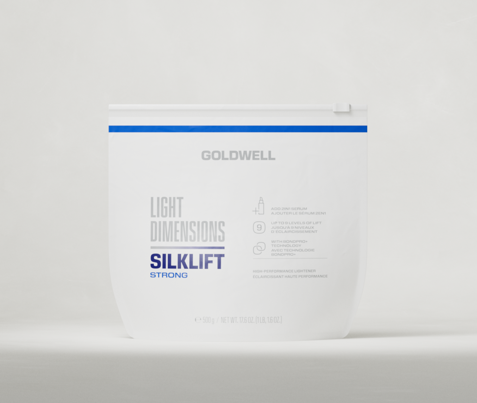 Goldwell product photo: the white SilkLift Strong pouch from the LightDimensions range