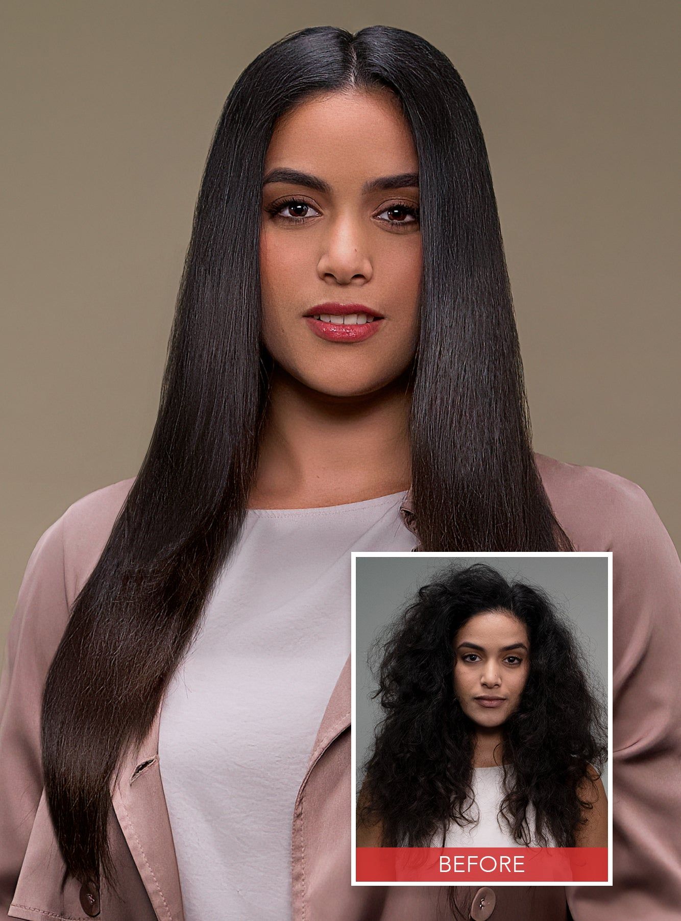 Keratin Complex brand photo of a model with long, smooth, shiny dark hair