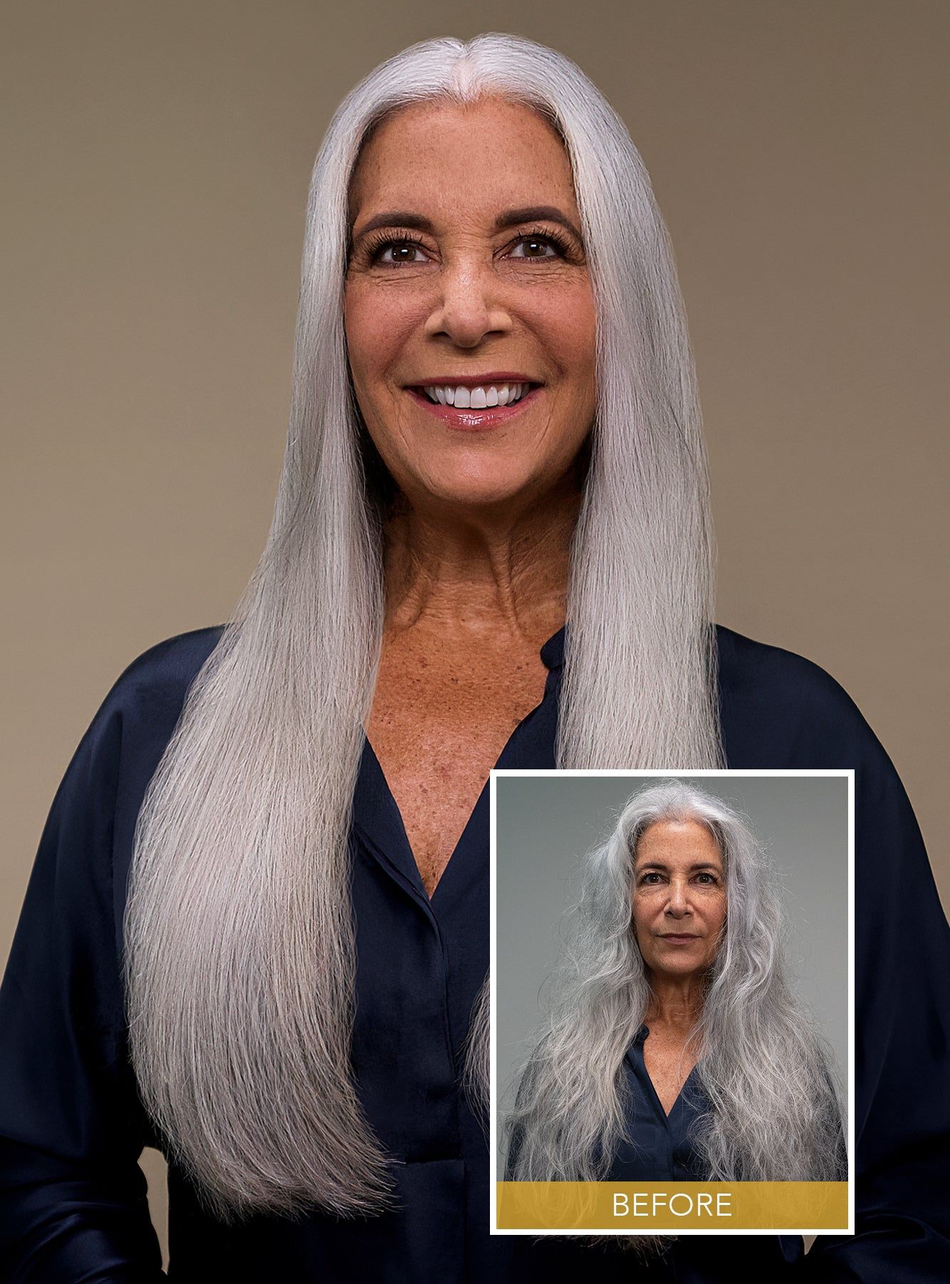 Keratin Complex NKSTB brand photo: a woman smiling, her silver hair long and straight, with an inset of her wavy gray hair before
