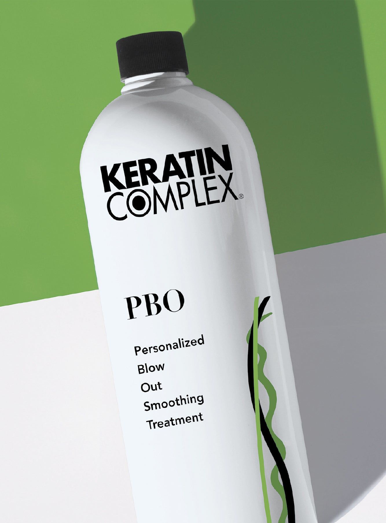 Keratin Complex product photo: a PBO Personalized Blow Out bottle set against green