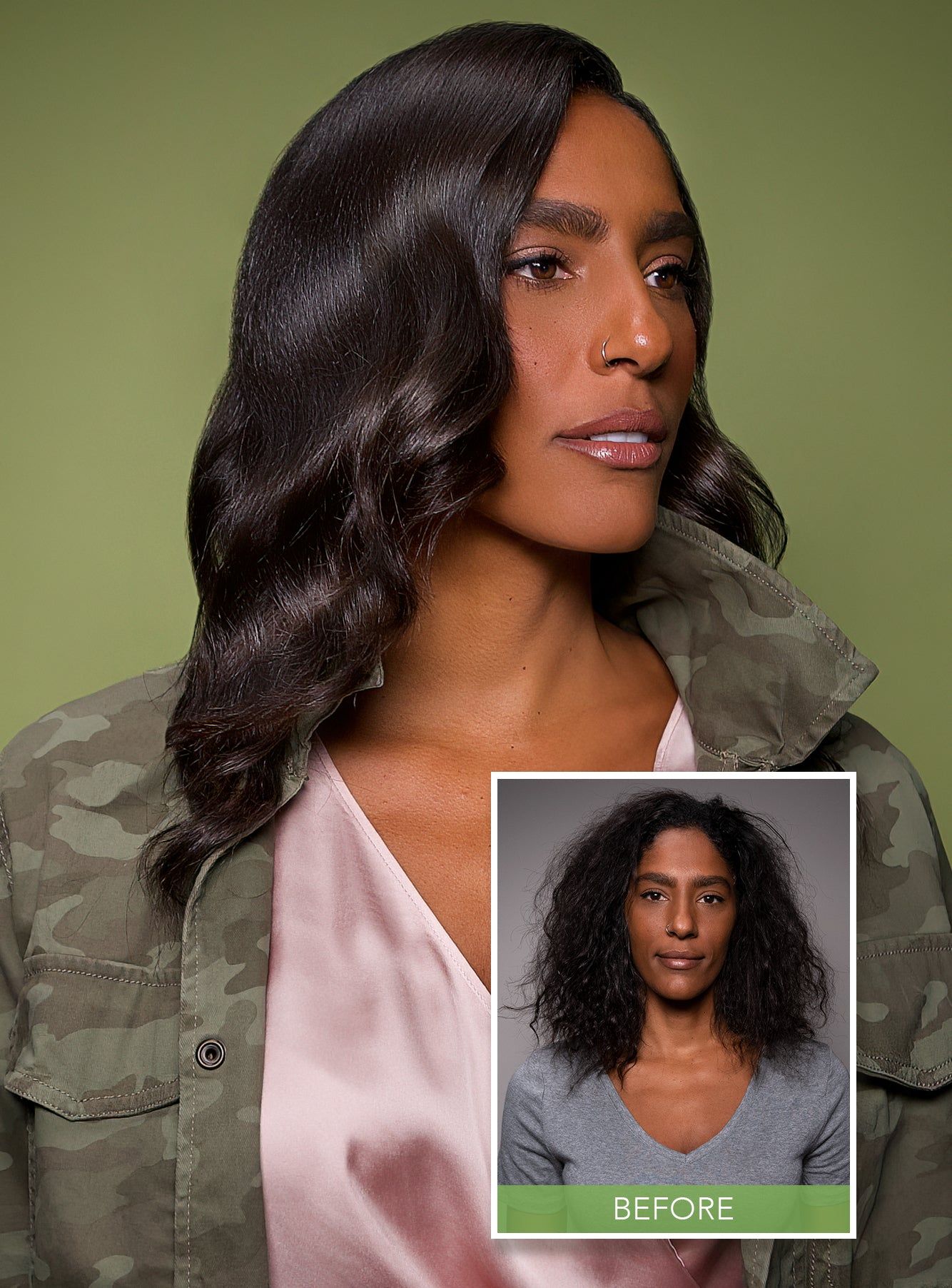 Keratin Complex PBO brand photo of a model in a camo jacket with shiny, soft dark waves against olive green, including the brand's own before inset