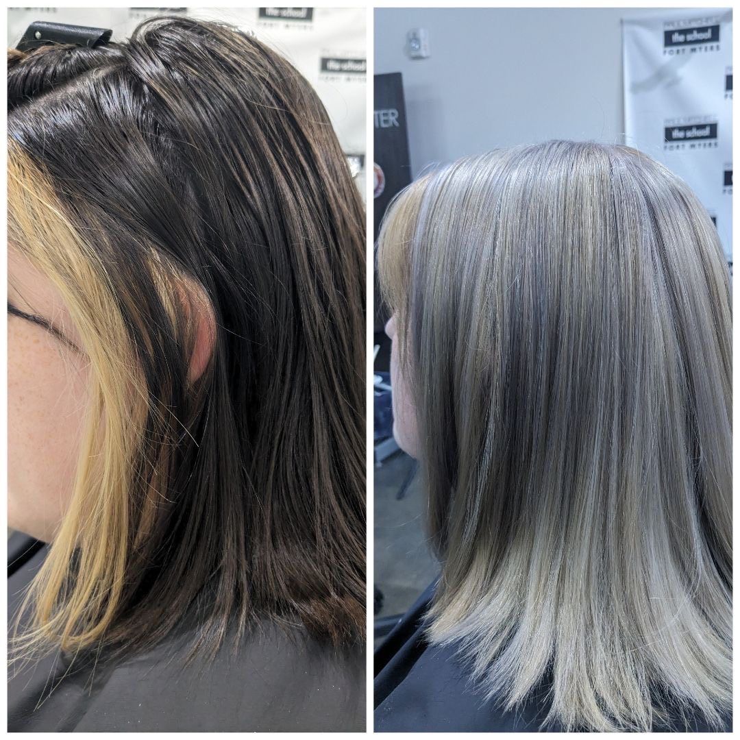Before and after: dark hair with a heavy blonde stripe, then an even, smooth silver blonde