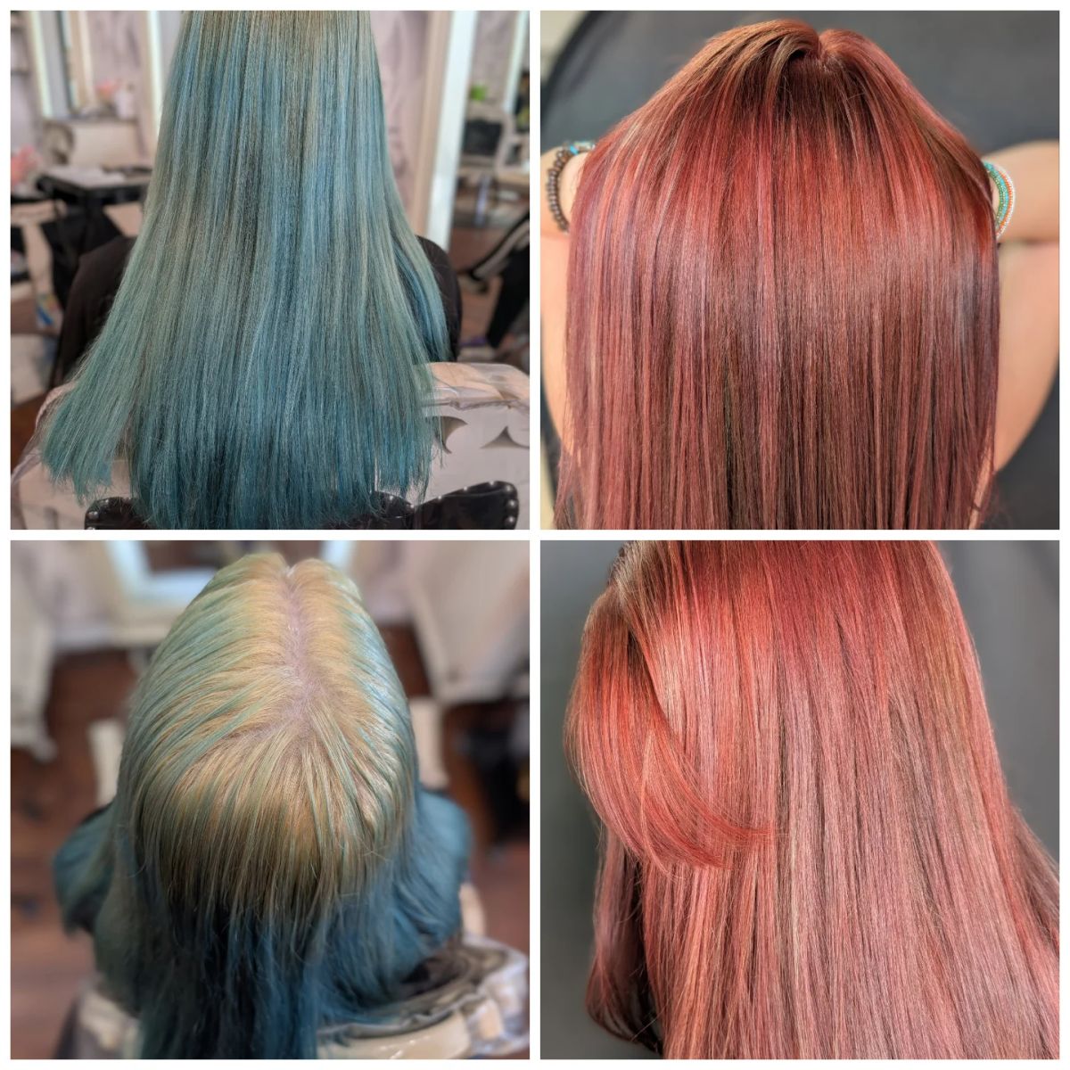 Before and after: washed-out teal hair, then shiny rose copper hair