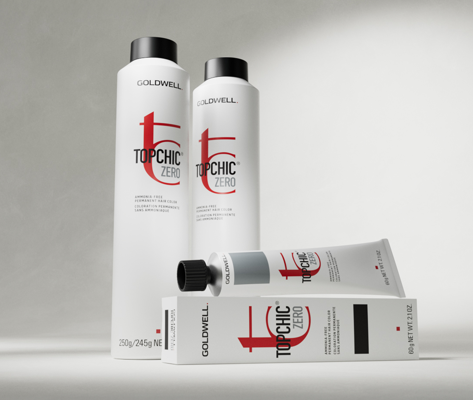 Goldwell Topchic Zero product photo: white ammonia-free color bottles with a matching tube