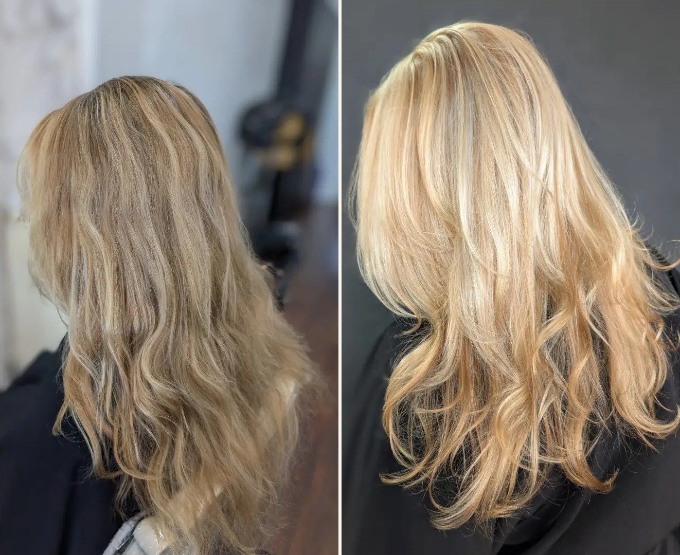 Before and after: dull, grown-out blonde, then bright golden blonde