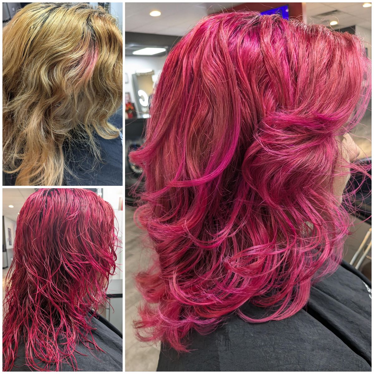 Three-photo before and after: brassy blonde hair, magenta color while still wet, then styled magenta curls