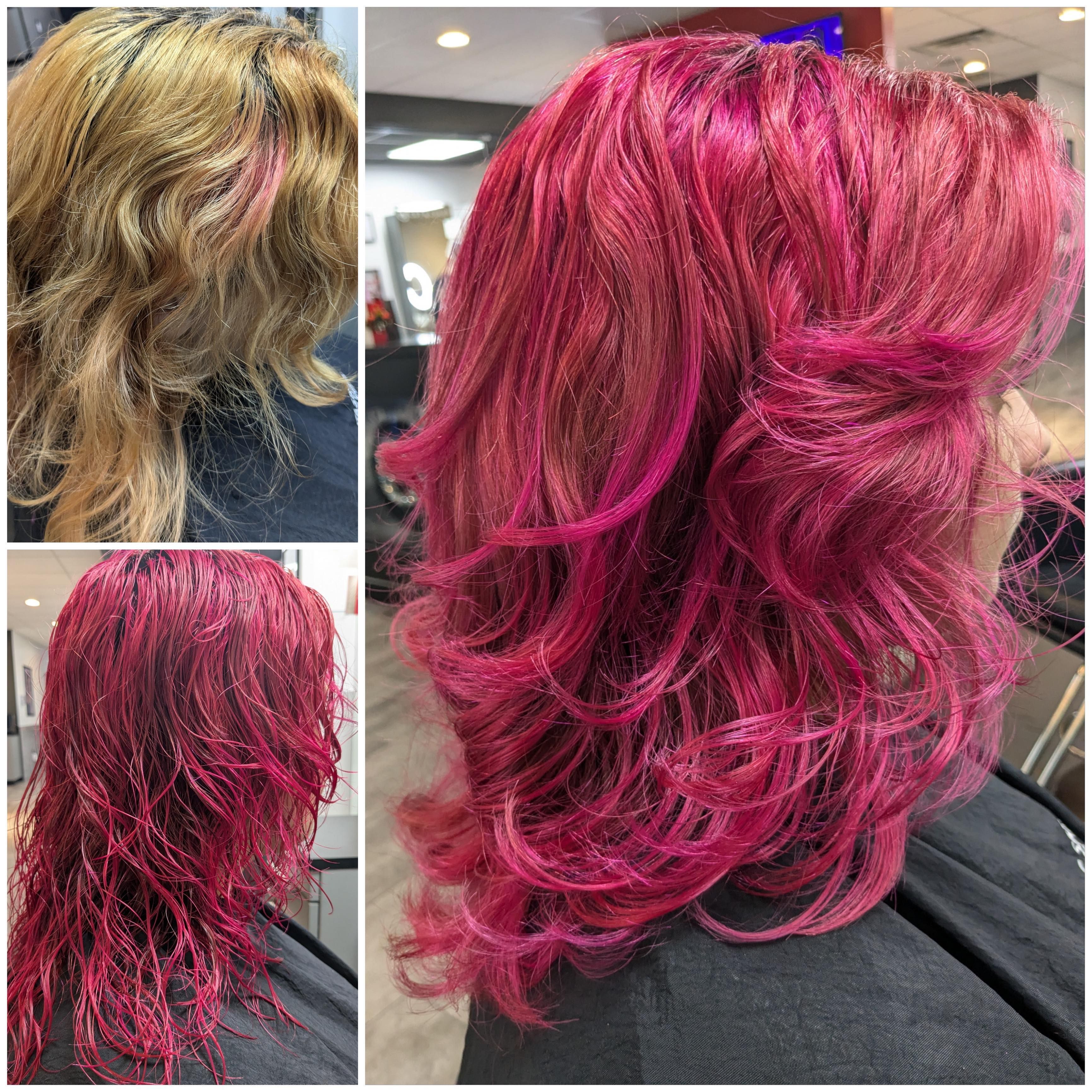 Three-photo before and after: brassy blonde hair, magenta color while still wet, then styled magenta curls